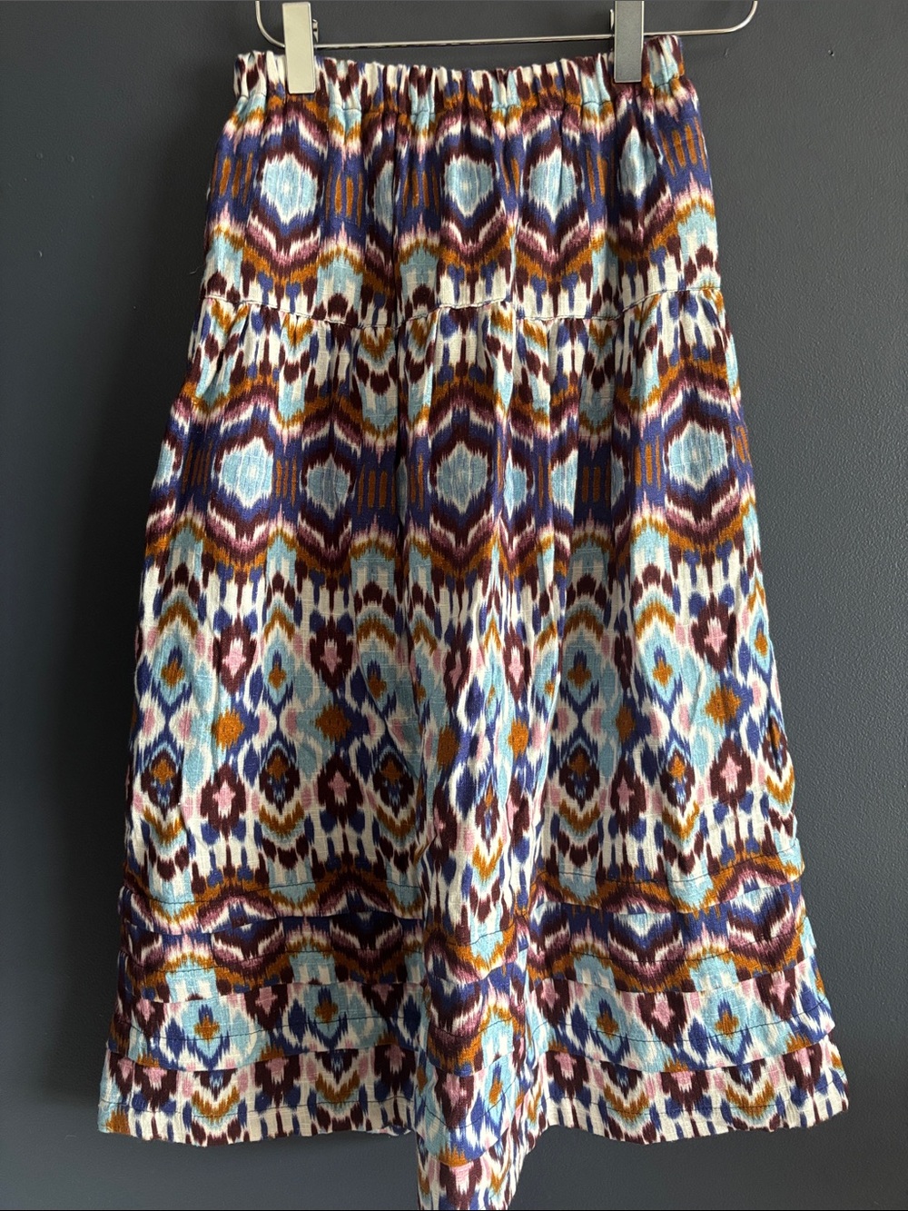 Patterned Midi Skirt in Blue, Brown & Cream